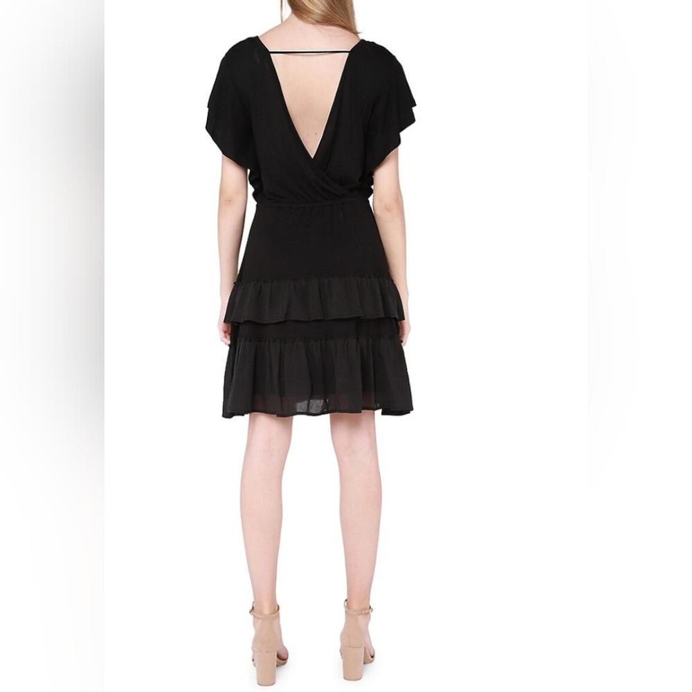 Venice Love. Elegant Black V-Neck Tiered Dress. V Neck And Back. Flouncy. Size L